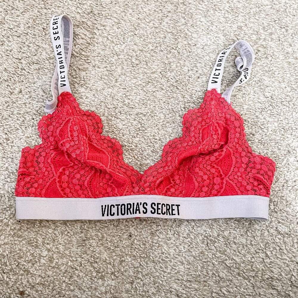 Victoria's Secret Bra Bralette Lace Logo Red Festival, Size Small